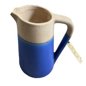 Vintage Blue and Tan Ceramic Rustic Pitcher Stoneware Tan Pouring Jug